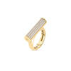 The DOMINO PAVE DIAMOND BAR RING by Roberto Coin features an elongated pavé diamond bar set in 18K yellow gold—a striking stacking piece showcased against a plain white background.