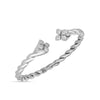 The LOVE IN VERONA DIAMOND TWIST BANGLE by Roberto Coin features a twisted silver design with diamond floral clusters at each end, elegantly displayed on a white background.