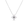 The LOVE IN VERONA DIAMOND FLOWER NECKLACE by Roberto Coin features a silver chain and a flower-shaped pendant adorned with five clear, round gemstones arranged symmetrically.