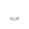 The Roberto Coin LOVE IN VERONA PAVE DIAMOND AND POLISHED FLOWER RING shines with pavé diamonds and three four-petal floral motifs, showcased against a plain white background.