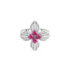 The LOVE IN VERONA DIAMOND AND RUBY FLOWER RING by Roberto Coin features Italian craftsmanship, with a silver four-petal flower encrusted with white diamonds and five central round rubies.