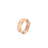 The Roberto Coin LOVE IN VERONA ETCHED FLOWERS WIDE RING in rose gold features engraved floral and butterfly motifs on a wide band, shown against a plain white background.