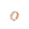 The Roberto Coin LOVE IN VERONA Medium Width Diamond Accent Ring in 18K rose gold features delicate flower-shaped diamond accents, beautifully displayed on a white background.