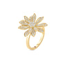 The MARGHERITA PAVE DIAMOND FLOWER RING by Roberto Coin showcases a bold floral design in 18K yellow gold, with diamond-encrusted petals, elegantly set against a plain white background.