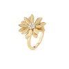 The MARGHERITA DIAMOND FLOWER RING by Roberto Coin features layered daisy petals in 18K yellow gold, accented with a central cluster of round diamonds and finished with a polished shine.