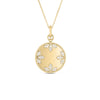 The VENETIAN MEDALLIONS LARGE PENDANT NECKLACE by Roberto Coin features a gold round pendant with intricate floral designs, sparkling white gemstones, and finely detailed edges on a delicate chain, inspired by Venetian Medallions.