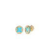 The VENETIAN MEDALLIONS SMALL STUD EARRINGS by Roberto Coin feature turquoise centers, 18K yellow gold rope borders, and small diamonds arranged in a floral design with gold backings.