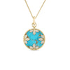 The VENETIAN MEDALLIONS LARGE PENDANT NECKLACE by Roberto Coin features a round turquoise and diamond-accented pendant with four gold leaf motifs, crafted in 18K yellow gold on a delicate chain.