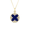 The VENETIAN MEDALLIONS LARGE PENDANT NECKLACE by Roberto Coin features 18K yellow gold, a round pendant with a deep blue background, four diamond floral motifs, and a detailed gold border on a fine chain.