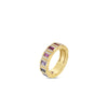 The OBELISCO PAVE DIAMOND AND MIXED SAPPHIRES RING by Roberto Coin features alternating red and lavender rectangular sapphires with pavé-set diamonds in 18K yellow gold, shown on a white background.