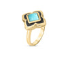 The Roberto Coin PALAZZO DUCALE CARNIVAL AMAZONITE AND BLACK ENAMEL FLOWER RING features 18K yellow gold, a quatrefoil top, black enamel accents, and a square amazonite gemstone at the center, shown elegantly on a white background.