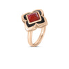 The Roberto Coin PALAZZO DUCALE CARNIVAL BLACK ENAMEL AND RED AGATE FLOWER RING showcases a square red agate set at the center of a four-petal flower, accented with black enamel detailing.