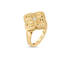 The Roberto Coin PALAZZO DUCALE CARNIVAL DIAMOND AND SATIN FINISH FLOWER RING in 18K yellow gold features a geometric floral openwork with a central diamond, elegantly shown on a white background.