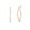 The Roberto Coin CLASSIC DIAMOND SMALL SQUARE HOOP EARRINGS showcase geometric rose gold, with sparkling white stones. One earring is a straight line and the other a square hoop, both elegantly displayed against a white background.