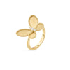 The JASMINE DIAMOND AND SATIN FINISH BUTTERFLY RING by Roberto Coin features 18K yellow gold with textured wings and a central diamond, beautifully showcased against a plain white background.