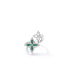 The Roberto Coin DIAMOND PRINCESS OUTLINE TAPERED FLOWER BYPASS RING in silver features two floral designs with marquise-cut green gemstones and white diamonds, showcased on a white background.