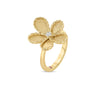 The Roberto Coin Jasmine Diamond and Satin Finish Flower Ring features a five-petal flower in 18K yellow gold with twisted detailing, a satin finish, and a central diamond, all set on a polished gold band for an elegant touch.
