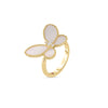 The JASMINE DIAMOND AND MOTHER OF PEARL BUTTERFLY RING by Roberto Coin features delicate pale pink mother of pearl wings bordered in gold and accented with central diamonds, shown on a white background.