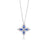 White gold necklace with a diamond and blue sapphire flower pendant on a white background
