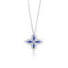 White gold necklace with a diamond and blue sapphire flower pendant on a white background