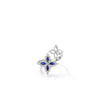 The DIAMOND PRINCESS OUTLINE TAPERED FLOWER BYPASS RING by Roberto Coin showcases two floral motifs—one adorned with blue and white stones, the other in delicate openwork—elegantly crafted in silver.