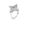 The STARDUST SMALL PAVE DIAMOND STAR RING by Roberto Coin features a pavé diamond star in 18K white gold with a delicate round pink gemstone accent on the band.