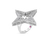 The Roberto Coin STARDUST LARGE PAVE DIAMOND STAR RING features a large, hollow star in white gold, pavé set with diamonds and accented by a pink gemstone on the inner band. Shown against a white background.