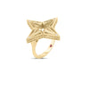 The Roberto Coin STARDUST MEDIUM OPEN FRAME DIAMOND STAR RING in 18K yellow gold features an intricate star design with diamonds at each point, a hidden ruby inside the polished band, and is presented against a white background.