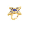 The STARDUST LARGE DIAMOND AND BLUE CERAMIC STAR RING by Roberto Coin features an 18K yellow gold band with a bold, five-pointed star top adorned with blue ceramic and diamonds at each tip, shown against a white background.