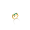 The Roberto Coin DESIGNER GOLD PRINCESS CUT RING features an intertwined gold band and rectangular green gemstones at the center, displayed on a white background.