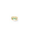 The Roberto Coin DESIGNER GOLD PRINCESS CUT RING features an intricate interlocking 18K gold design with three rectangular green gemstones at the center, shown against a plain white background.