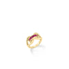The Roberto Coin DESIGNER GOLD PRINCESS CUT RING features an interwoven gold band and a rectangular center set with vibrant pink gemstones, showcased on a plain white background.