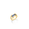 The DESIGNER GOLD PRINCESS CUT RING by Roberto Coin is crafted in 18K gold with an intertwined design and showcases three rectangular blue gemstones at the center, shown against a plain white background.
