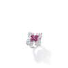 The Roberto Coin DIAMOND PRINCESS LUCE DIAMOND AND RUBELLITE FLOWER RING in 18K white gold features four pink rubellites at the center, baguette-cut diamonds radiating out, all set in a floral design on a white background.