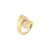 The OBELISCO PAVE DIAMOND ENDS RING by Roberto Coin is a modern 18K yellow gold ring with a geometric design, featuring two overlapping ends set with pavé diamonds on an angular, segmented band.
