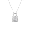 The TINY TREASURES PAVE DIAMOND LOCK NECKLACE by Roberto Coin features a modern silver chain with a padlock-shaped pendant encrusted in neat rows of pavé diamonds, blending elegance and contemporary style.