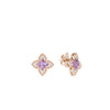 The VENETIAN PRINCESS CARNIVAL PAVE DIAMOND AND AMETHYST SMALL FLOWER STUD EARRINGS by Roberto Coin feature 18K rose gold, a central amethyst, and pave diamonds in a floral design, shown on a white background.