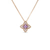 The Roberto Coin VENETIAN PRINCESS CARNIVAL Pave Diamond and Amethyst Small Flower Necklace features a gold flower pendant with a purple amethyst center and sparkling diamonds, highlighting Italian craftsmanship on a plain white background.