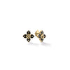 The LOVE IN VERONA SMALL DIAMOND AND ENAMEL FLOWER STUD EARRINGS by Roberto Coin feature gold four-petal flowers with black enamel accents and sparkling stones at the center and tips of each petal.
