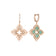The VENETIAN PRINCESS PIROUETTE MEDIUM FLOWER DROP EARRINGS by Roberto Coin Staging feature a diamond-studded floral quatrefoil design in 18K gold, with light green enamel on one earring and pavé diamond hoops.