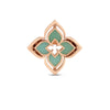 The VENETIAN PRINCESS PIROUETTE MEDIUM FLOWER RING by Roberto Coin features a rose gold floral design with soft green enamel, forming pointed petals and a central cutout—perfect to pair with matching flower jewelry.