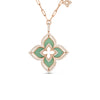 The VENETIAN PRINCESS PIROUETTE LARGE FLOWER NECKLACE by Roberto Coin features an 18K gold clover pendant with green enamel and white diamonds, reflecting exquisite Italian craftsmanship.