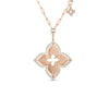 The VENETIAN PRINCESS PIROUETTE LARGE FLOWER NECKLACE by Roberto Coin showcases a large four-petal flower pendant with diamond accents and a cutout center, crafted in 18K gold on an oval link chain.