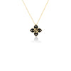 The Roberto Coin LOVE IN VERONA SMALL DIAMOND AND ENAMEL FLOWER NECKLACE features a delicate gold chain with a four-petal black enamel flower pendant, each petal set with a diamond and a central gold script letter, shown against a white background.