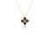 The Roberto Coin LOVE IN VERONA SMALL DIAMOND AND ENAMEL FLOWER NECKLACE features a delicate gold chain with a four-petal black enamel flower pendant, each petal set with a diamond and a central gold script letter, shown against a white background.