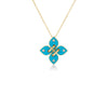 The LOVE IN VERONA DIAMOND AND ENAMEL FLOWER NECKLACE by Roberto Coin features an 18K yellow gold clover-shaped pendant with turquoise enamel petals, each accented by a sparkling diamond at the center.