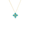 The LOVE IN VERONA SMALL DIAMOND AND ENAMEL FLOWER NECKLACE by Roberto Coin features a gold pendant shaped like a four-petal flower with turquoise enamel petals and small diamonds, shown on a white background.