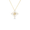 The LOVE IN VERONA DIAMOND AND ENAMEL FLOWER NECKLACE by Roberto Coin features 18K yellow gold, a four-petal flower pendant with white enamel, diamond accents on each petal, and a gold interlocking center, shown on a plain white background.