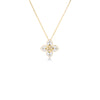 The LOVE IN VERONA SMALL DIAMOND AND ENAMEL FLOWER NECKLACE by Roberto Coin features a gold pendant shaped like a four-pointed flower, with white enamel petals, small diamond accents, and a gold script letter K in the center.