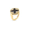The VENETIAN MEDALLIONS MEDIUM REVERSIBLE RING by Roberto Coin features 18K yellow gold, a round black stone adorned with gold floral accents, small diamonds, a rope-like border, and a tiny pink gemstone on the band.